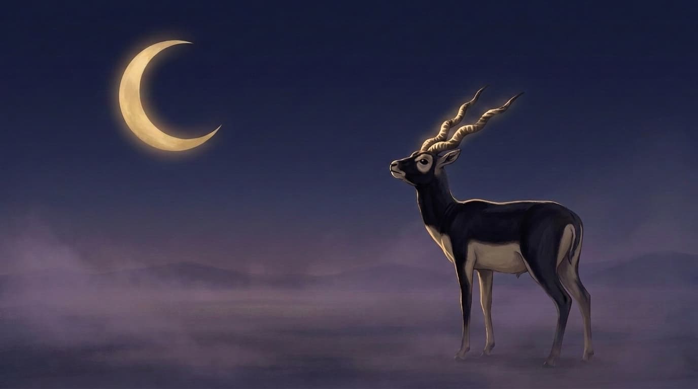 A blackbuck antelope gazing at a waxing crescent moon